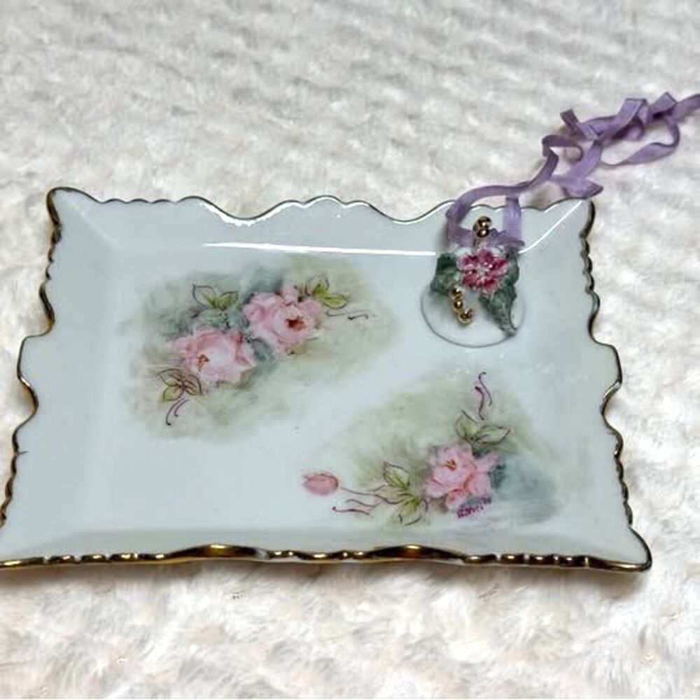 Vintage Hand-Painted Porcelain Rose Trinket Tray & Bell Ornament Set
